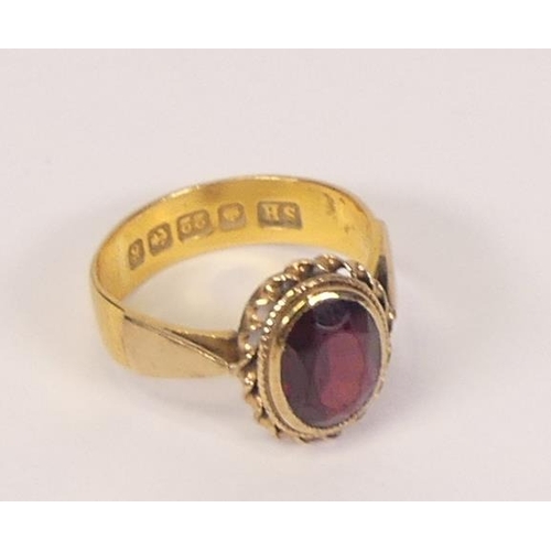 768 - 22ct wedding ring, being converted into dress ring with oval brown stone in yellow metal mount, 4g.