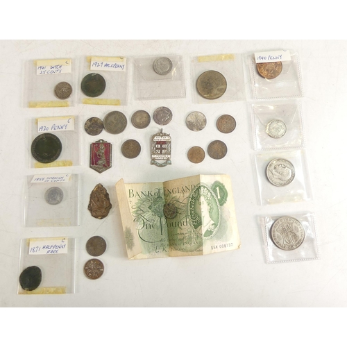 770 - A collection of old coins including silver coins, 1871 Halfpenny, banknote etc