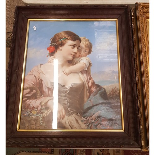 577 - Early 20th century framed print depicting a lady and child, together with two empty frames one being... 