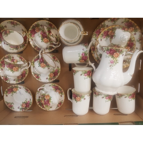 454 - Royal Albert Old Country Roses pattern items to include coffee pot, 2 tier cake stand, 6 coffee sauc... 