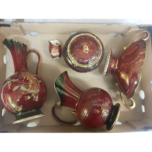 459 - A collection Crown Devon items in the rouge royal pattern to include Jugs, lidded pot and window sil... 