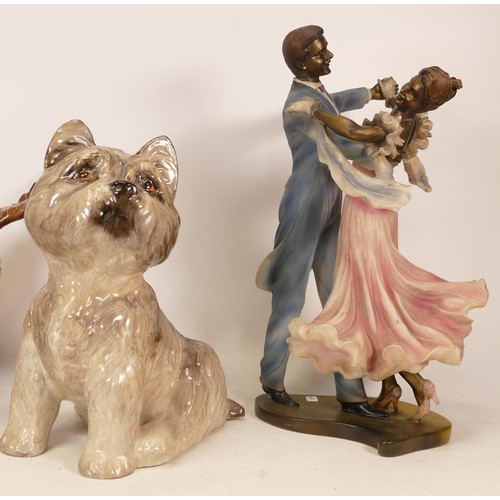 471 - Resin and bronzed effect dancers figurine (a/f) together with a 'Just Cats' terrier dog figure (2).