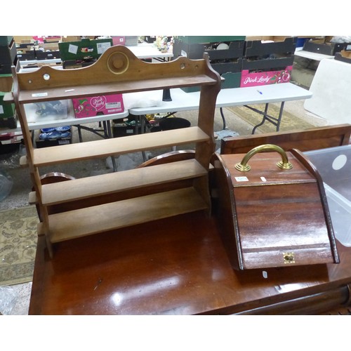 620 - Mahogany and brass coal Purdonium together with small arts and crafts set of open shelves