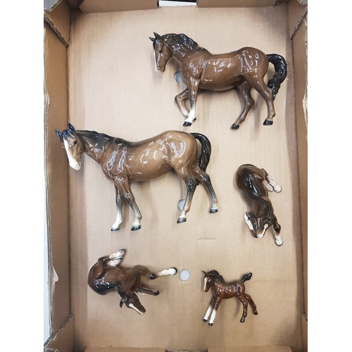 474 - A collection of Beswick horse figures to include Stocky Jogging Mare, Mare facing left, 2 x lying fo... 