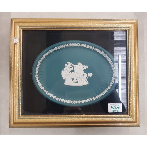 526 - Wedgwood framed oval plaque, white bas relief on teal, frame size 36cm x 31cm.