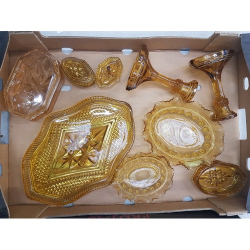 545 - Amber coloured depression glass dressing table items (1 tray).