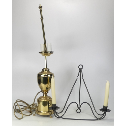 225 - A Brass Style Electric Lamp together with Two Candlestick Wall Sconce. (2)