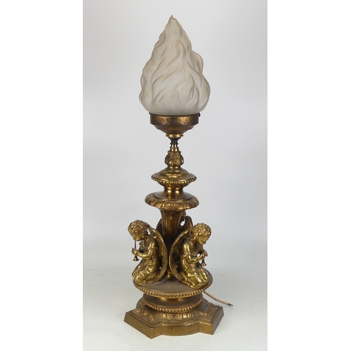 226 - Early 20th Century Brass Lamp with Art Deco Frosted Glass Shade. Base formed of Cherubs with Instrum... 