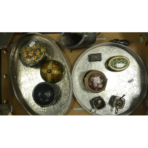 66 - A collection of metal ware and oriental to include Viners serving tray, miniature coal scuttle, salt... 