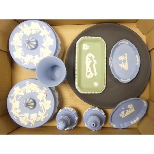 267 - A Collection of Wedgwood Jasperware items to include Blue Lidded Pots, Cruet Items, Small Urn, Trink... 