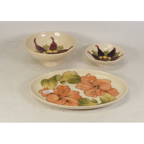 276 - Three Moorcroft Items on Cream Ground to include Footed Bowl and Pin Dish in the Fuschia Pattern tog... 