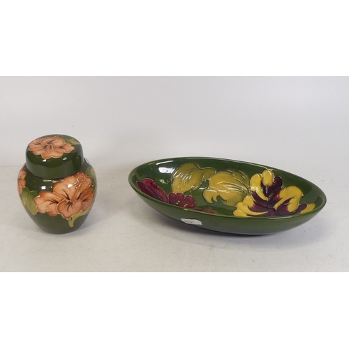 277 - Two Moorcroft Items in the Hibiscus Pattern on Green Ground to include Small Ginger Jar and Oval Bow... 