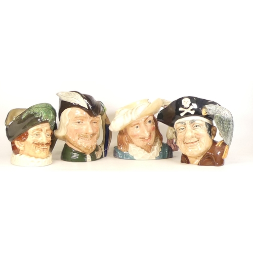 362 - Royal Doulton Character jugs Long John Silver D6335, The Cavalier, Robin Hood D6527 (seconds) and Sc... 