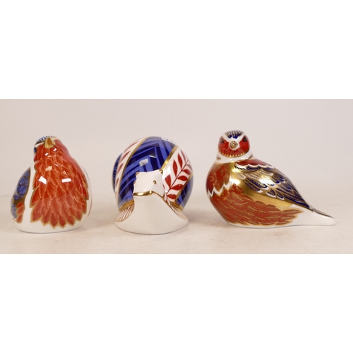 172 - Royal Crown Derby Paperweights Chaffinch, Snail (silver stopper, marked seconds) and Robin, 2 gold s... 