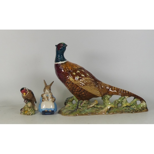 194 - Beswick Pheasant 1225 , Beswick Goldfinch 2273 and Royal Albert Mrs Rabbit and bunnies (3)