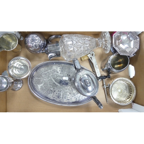 26 - A collection of metal ware and silver plated items to include teapot, tray, condiment pot, footed co... 