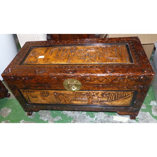 551 - A modern oriental carved Camphor Wood hinged top chest 88cm W 42cm D 48cm H