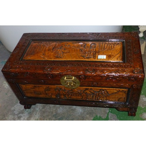 552 - A modern oriental carved Camphor Wood hinged top chest 69cm W 33cm D 39cm H