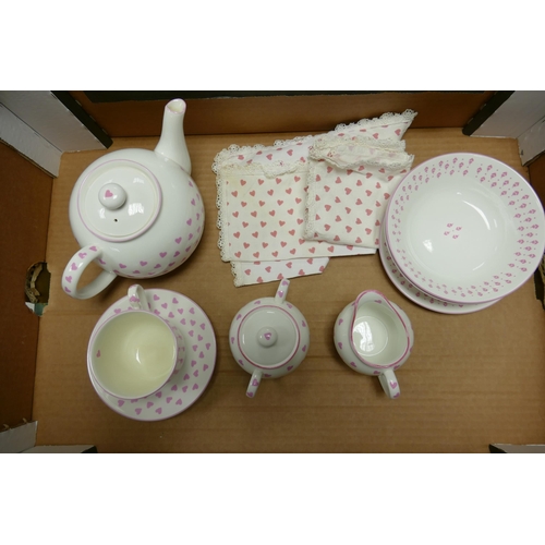 170 - Nina Campbell Staffordshire Bone China Teaset in Pink Hearts Pattern. Includes Teapot, Lidded Sugar ... 