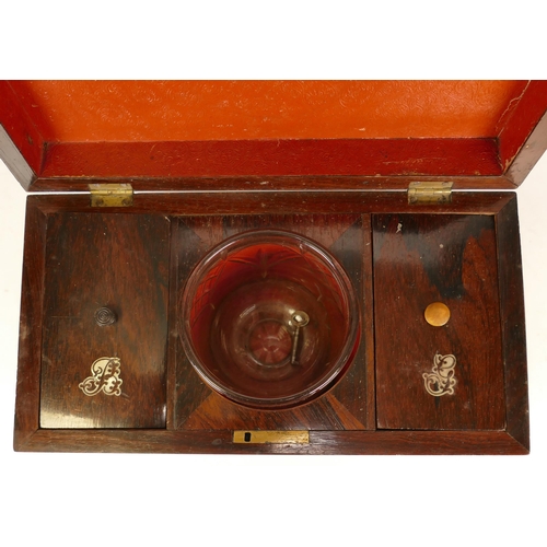 188 - A George IV Sarcophagus Tea Caddy with Mother of Pearl Scrollwork Inlay. Interior Lids have Initials... 