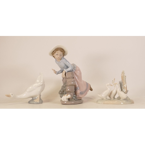 235 - Nao figures to include goose, Girl leaning on wall 2087 and Geese around the tree stump, height of t... 