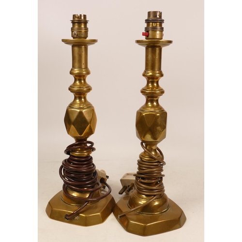 244 - A pair of The King of Diamonds brass candlesticks converted to lamp bases.  Height with fitting 36.5... 