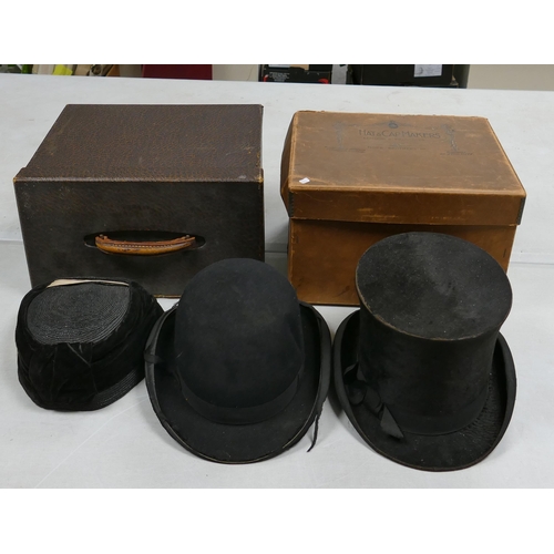 245 - A collection of hats to include Dunn & Co London top hat in original box, Lincoln Bennett & Co top h... 