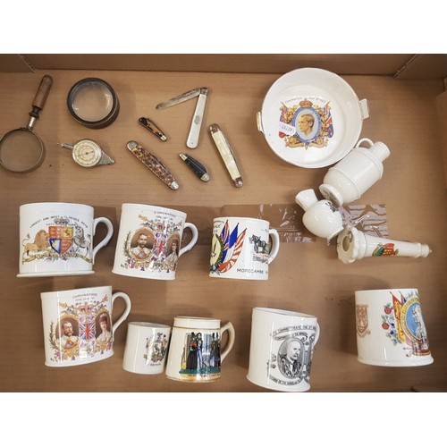 143 - A collection of Royal Commemorative ware and crested ware items together with vintage magnifying gla... 