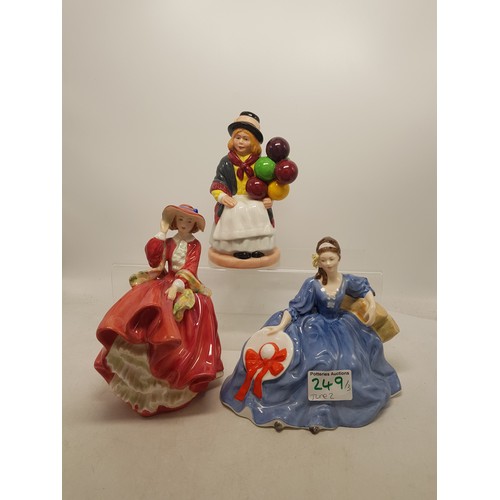 249 - Royal Doulton Lady Figures Elyse HN2459, Top O' The Hill HN1834 & Balloon Girl HN2818 (3)