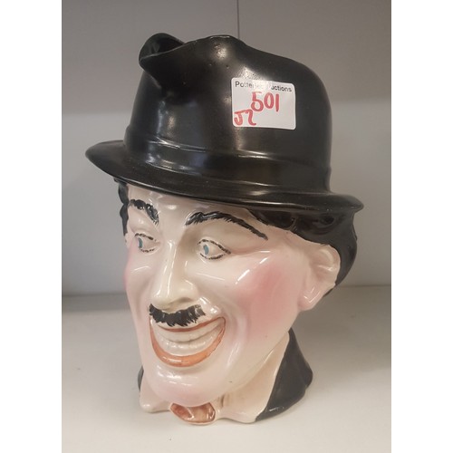 501 - Early 20th Century Large Character Jug of Charlie Chaplin. Restoration to spout. Height: 21cm