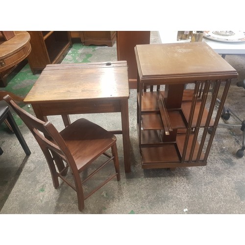 611 - Early 20th Century Childs School Desk and Chair together with a Edwardian Style Revolving Bookcase a... 