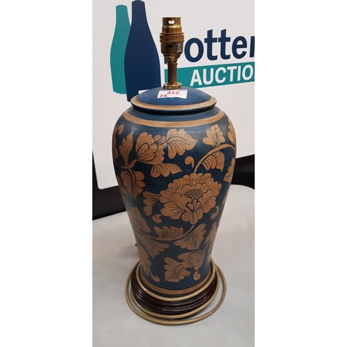 332 - A Modern Ceramic Lamp with Painted Blue Leaf Patterns. Height to fitting: 46cm