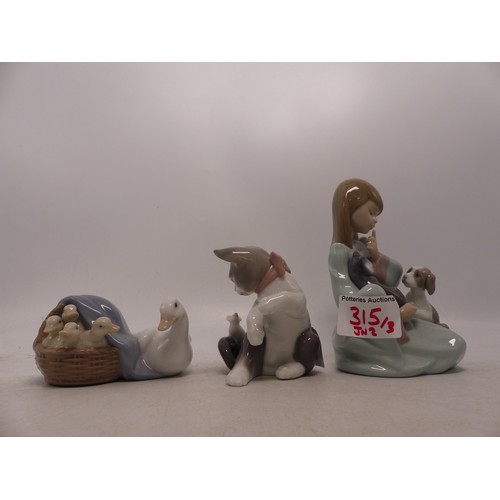 315 - Three Lladro Figures to include Girl with Cat and Dog, Cat with Mouse and Goose with Goslings (3)