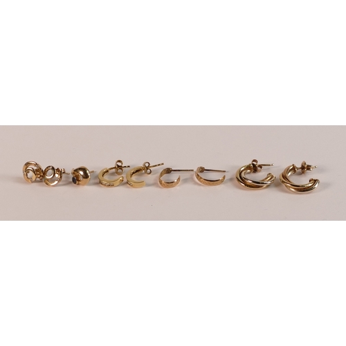 780 - A collection of various pairs of 9ct gold earrings, an odd one included , 5.7g.