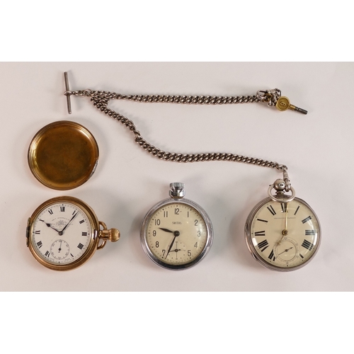 782 - Silver English lever pocket watch with silver double albert chain, (chain 40.4g)together with gold p... 