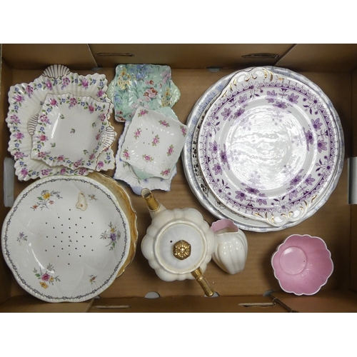 131 - a mixed collection of items to include Bridgwood dinner plates, Shelley pin dishes, Bamboo handled t... 