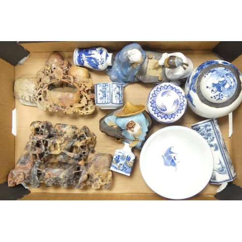 135 - A Mixed Collection of Oriental items to include Mudmen Figures, Blue and White Ginger Jars and Vases... 