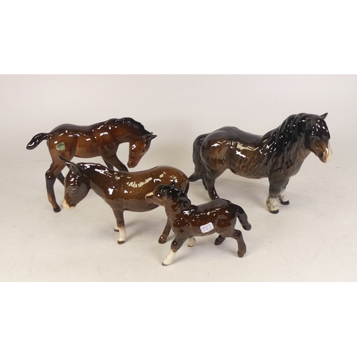 257 - Beswick Shetland pony 1033, head down foal 947, Shetland foal 1034 and donkey (4)