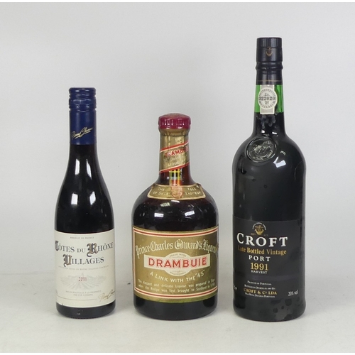 291 - Three Bottles of Alcohol to include Drambuie, Cotes Du Rhones Villages 2011 and Croft Late Bottled V... 