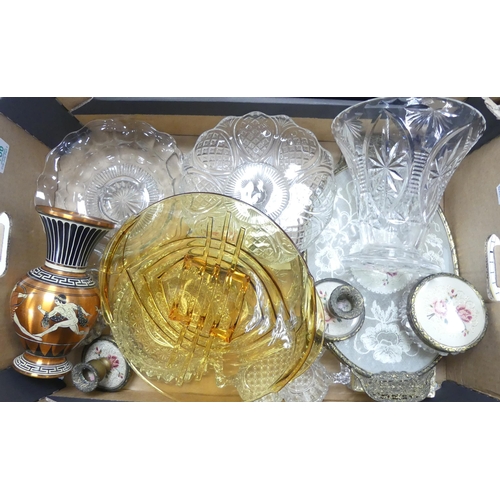 136 - A Mixed Collection of Glassware to include Vases, Vanity, Lidded Box, Footed Bowl etc. (1 Tray)