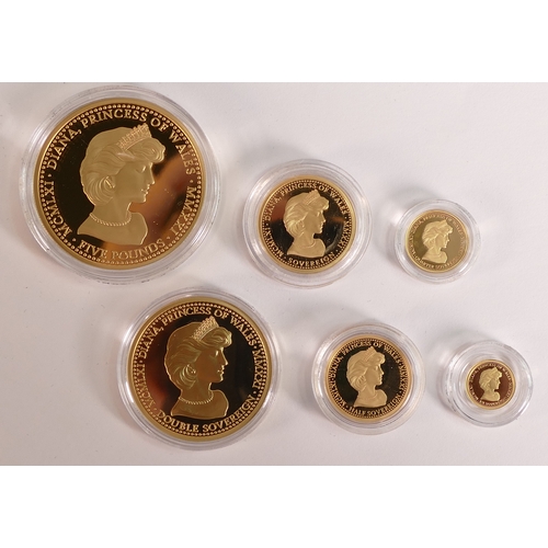 15 - 2021 Diana 60th Birthday definitive proof 22ct gold six coin set to £5, gross weight 71g. Original p... 