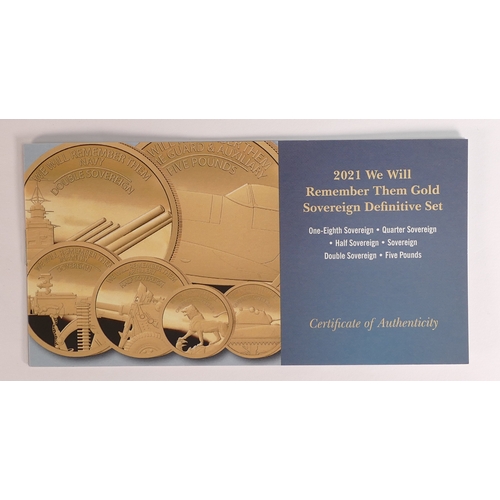 45 - 2021 We Will Remember Them, definitive proof six coin 22ct gold set to £5, includes case and certifi... 