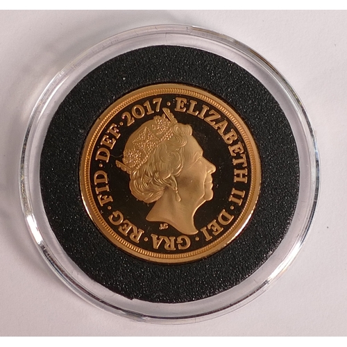 57 - 2017 proof Piedfort 22ct gold sovereign, weight 16g. Purchase cost £2700.  Box, COA & invoice.