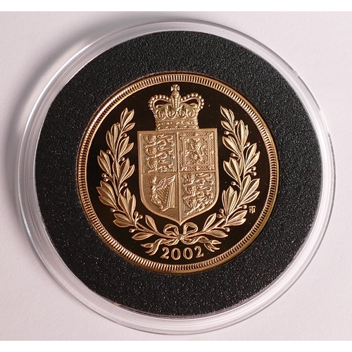 73 - QEII double sovereign proof 22ct gold coin 2002, weight 15.96g.  Cost when purchased £1900. Boxed, r... 