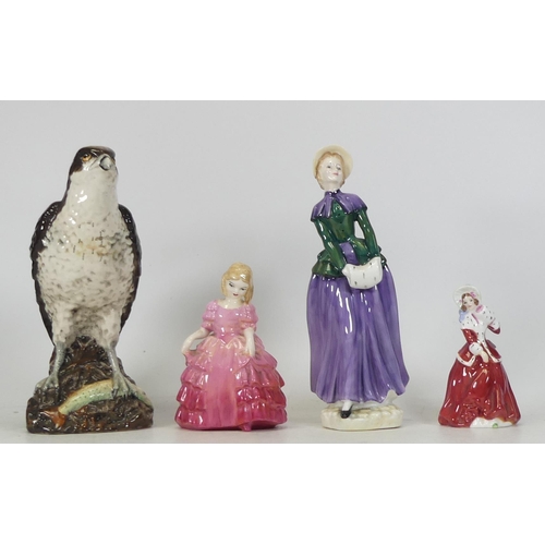 134 - Royal Doulton figures Florence HN2745, Christmas Morn HN3212, Rose HN1368 together with Osprey decan... 