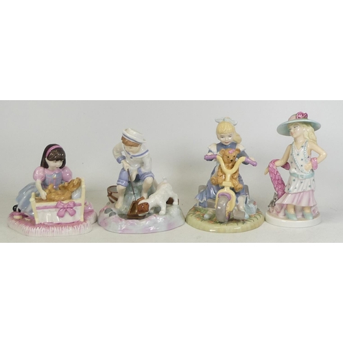 202 - Four Royal Doulton Childhood memories figures to include dressing up, hush a bye teddy, caught one a... 