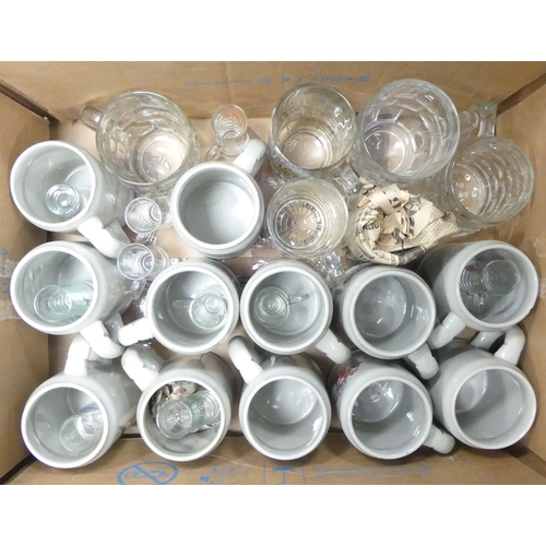 2 - A Collection of Continental Stoneware Beer Mugs to include some Glass Tankards (1 Tray)