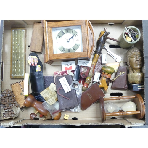 6 - A Mixed Collection of Items to include Mantle Clock, Vintage Dars, Carved Bust, Hourglass etc. (1 Tr... 