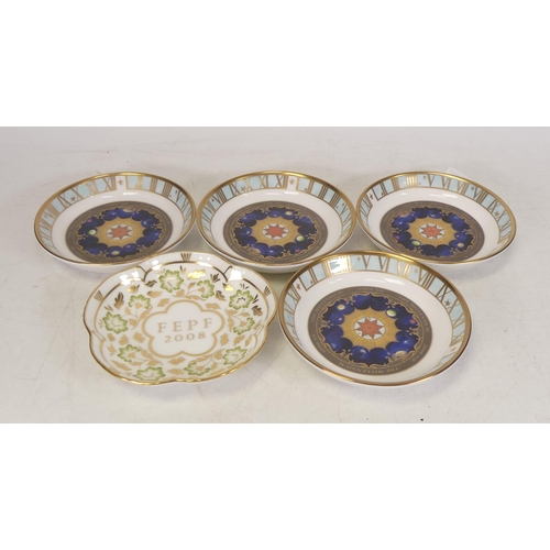 262 - Four Royal Worcester millennium pin dishes together with Royal Crown Derby green panel pin dish (5)