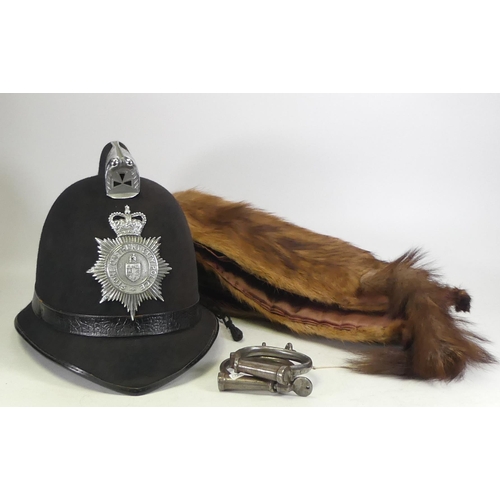 280 - Policeman Stoke on Trent hard helmet, pair of  hand cuffs together with mink scarf (3)